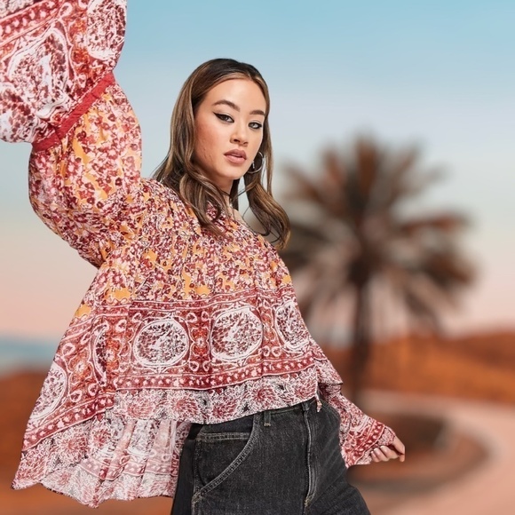 FREE PEOPLE Lorraine RETRO Print Tie-Front Wide Sleeve Flowy Tiered Kimono-Md - Picture 5 of 13